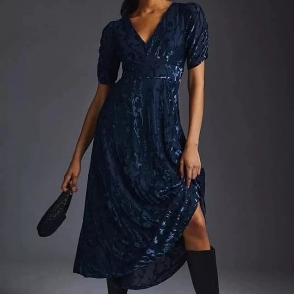 NWT $198 – HUTCH / ANTHROPOLOGIE Puff-Sleeve Navy Velvet Maxi Dress – Sz 14